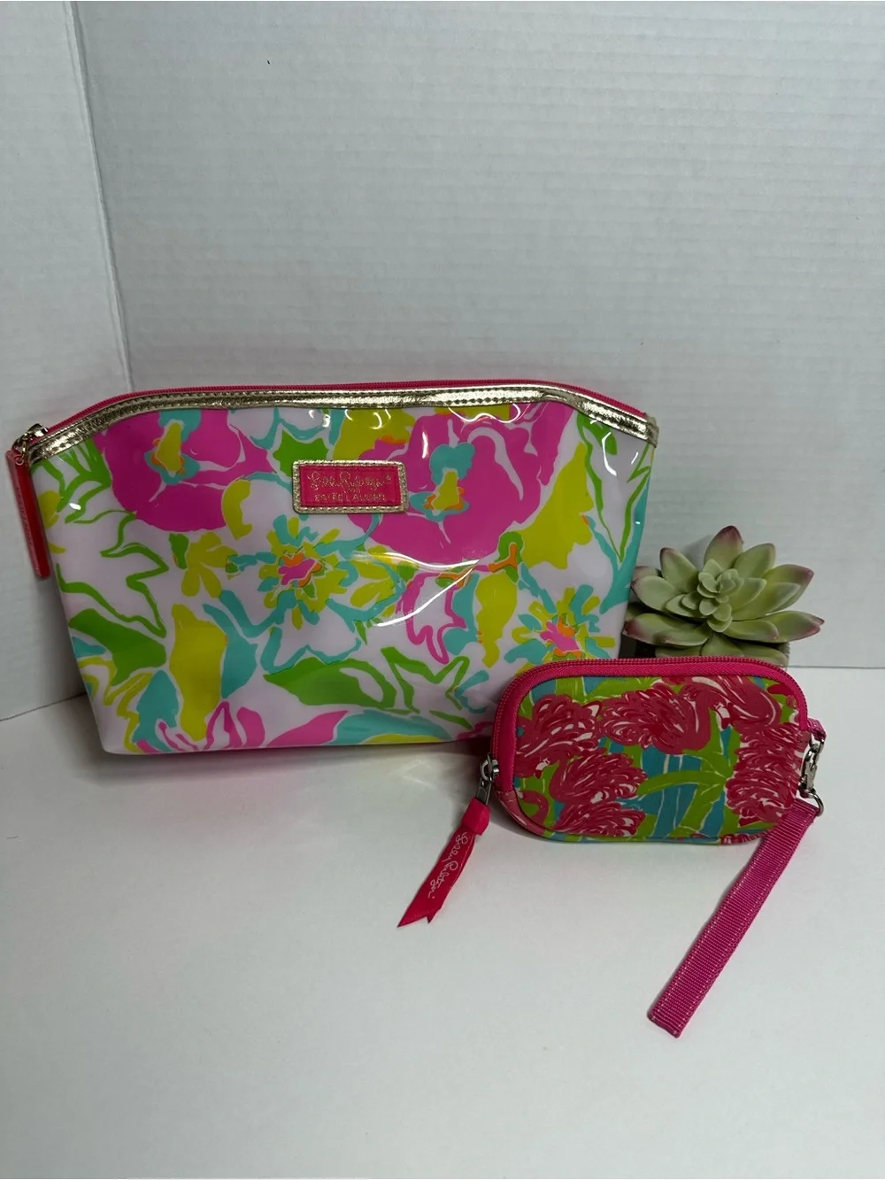 Lilly Pulitzer Floral Patent Cosmetic Pouch Set - Pink, Green & Blue